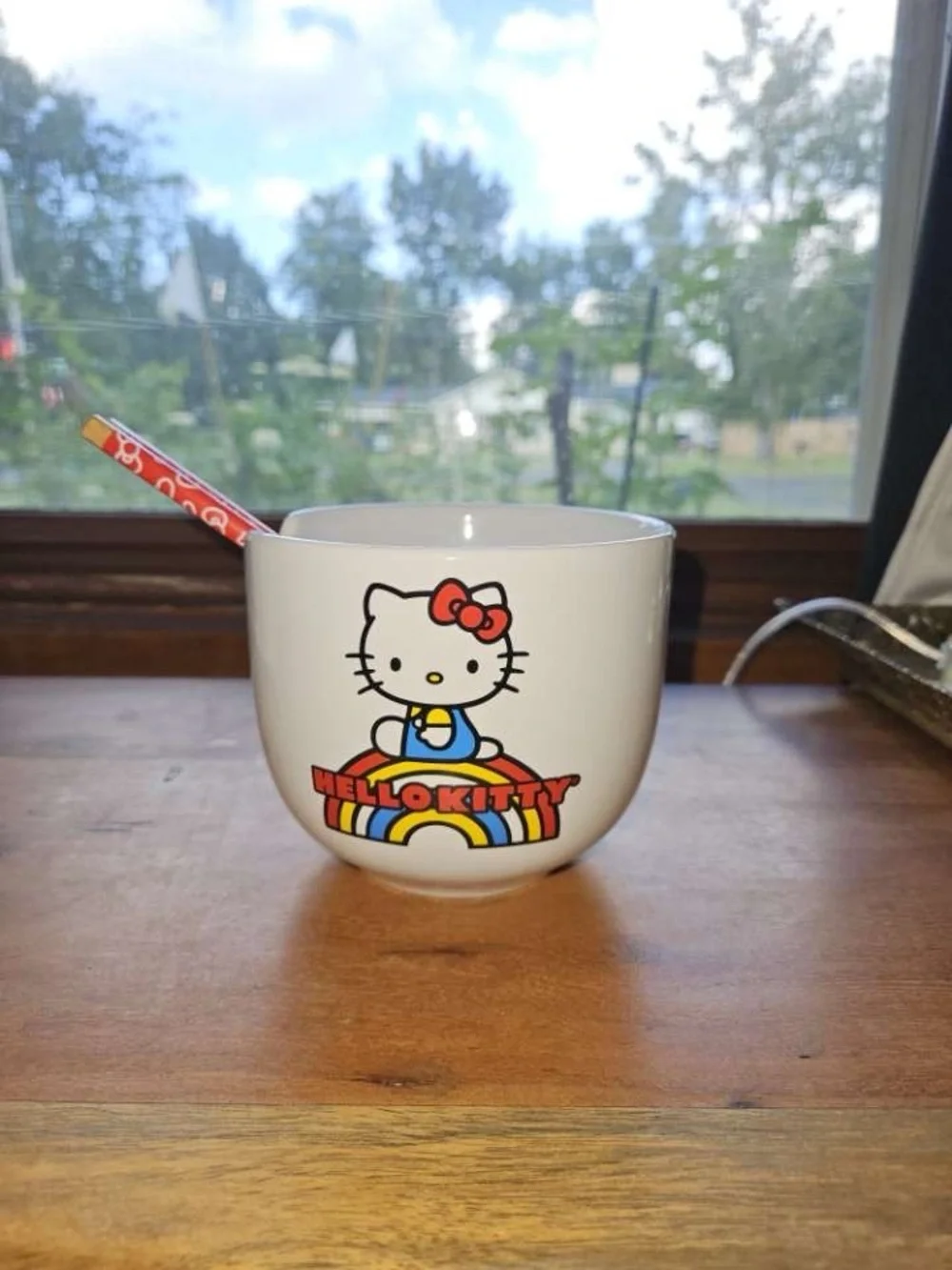 Hello Kitty White Bowl with Red Bow and Rainbow Accent